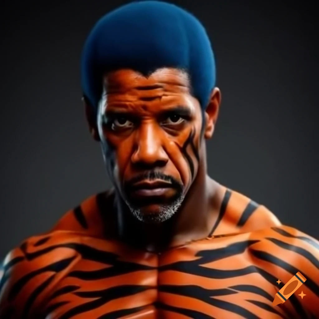 Muscular man with tiger-style makeup and blue hair, artistic representation