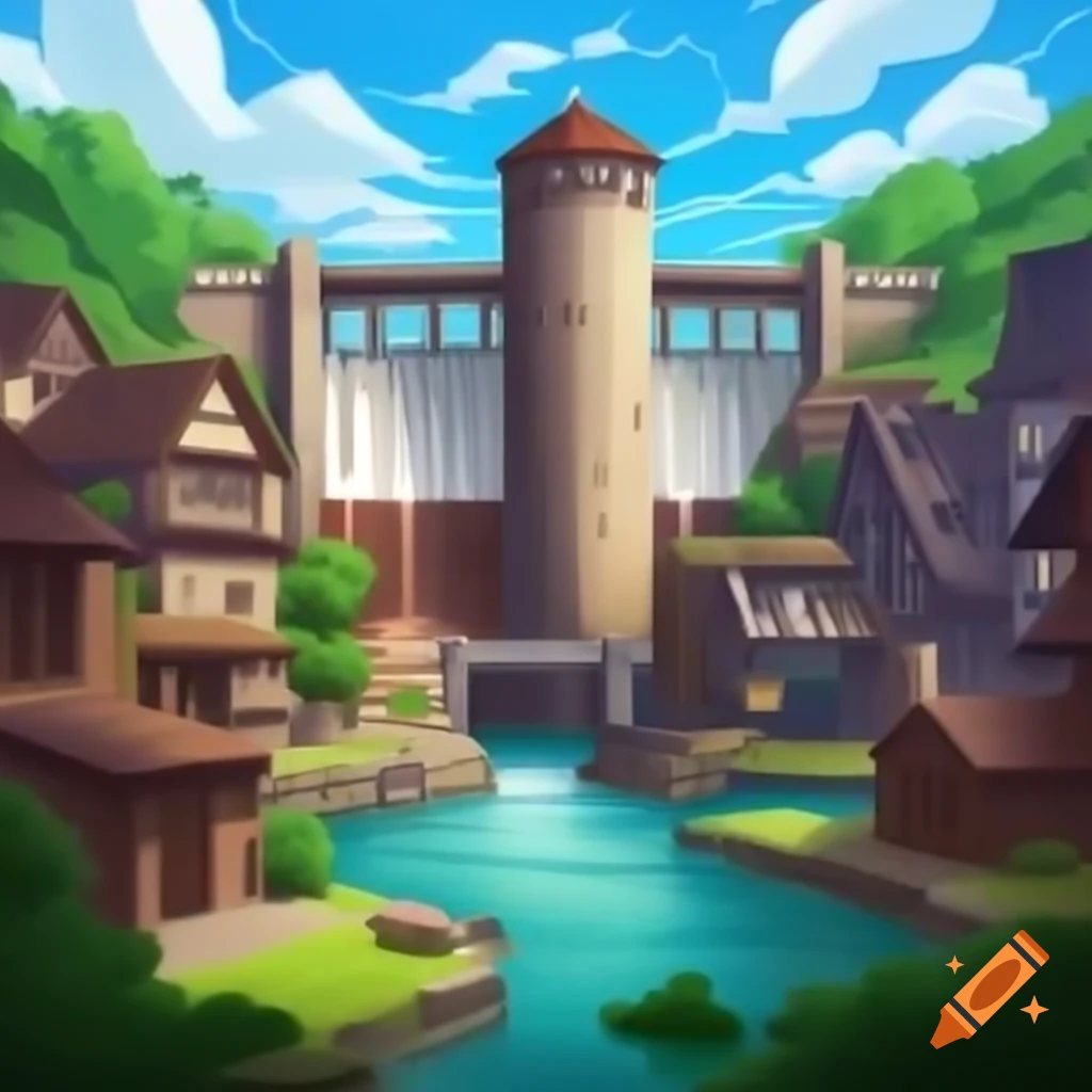River dam overlooking a quaint town