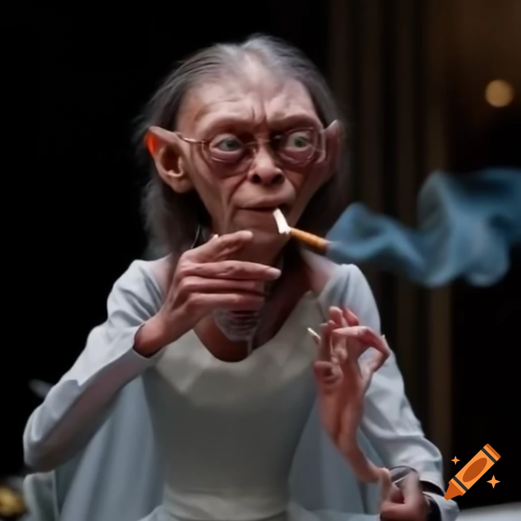 Gollum in bridal dress smoking pipe, humorous depiction