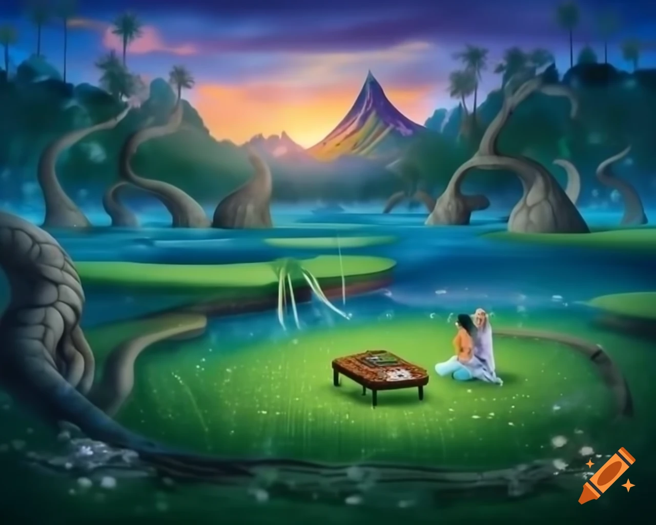 Surreal realm with fairy goddess on wooden table in enchanted forest