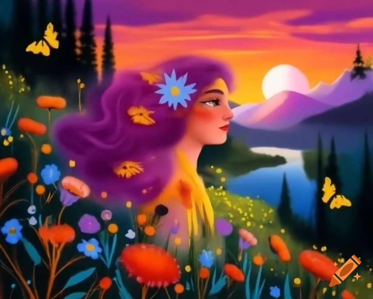 Enchanting colorful-haired woman with wildflowers and butterflies in vibrant costume at sunset