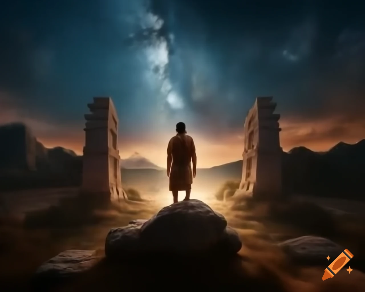 Indigenous man climbing stone steps towards a brightly lit temple with ancestral spiritual forms and forest