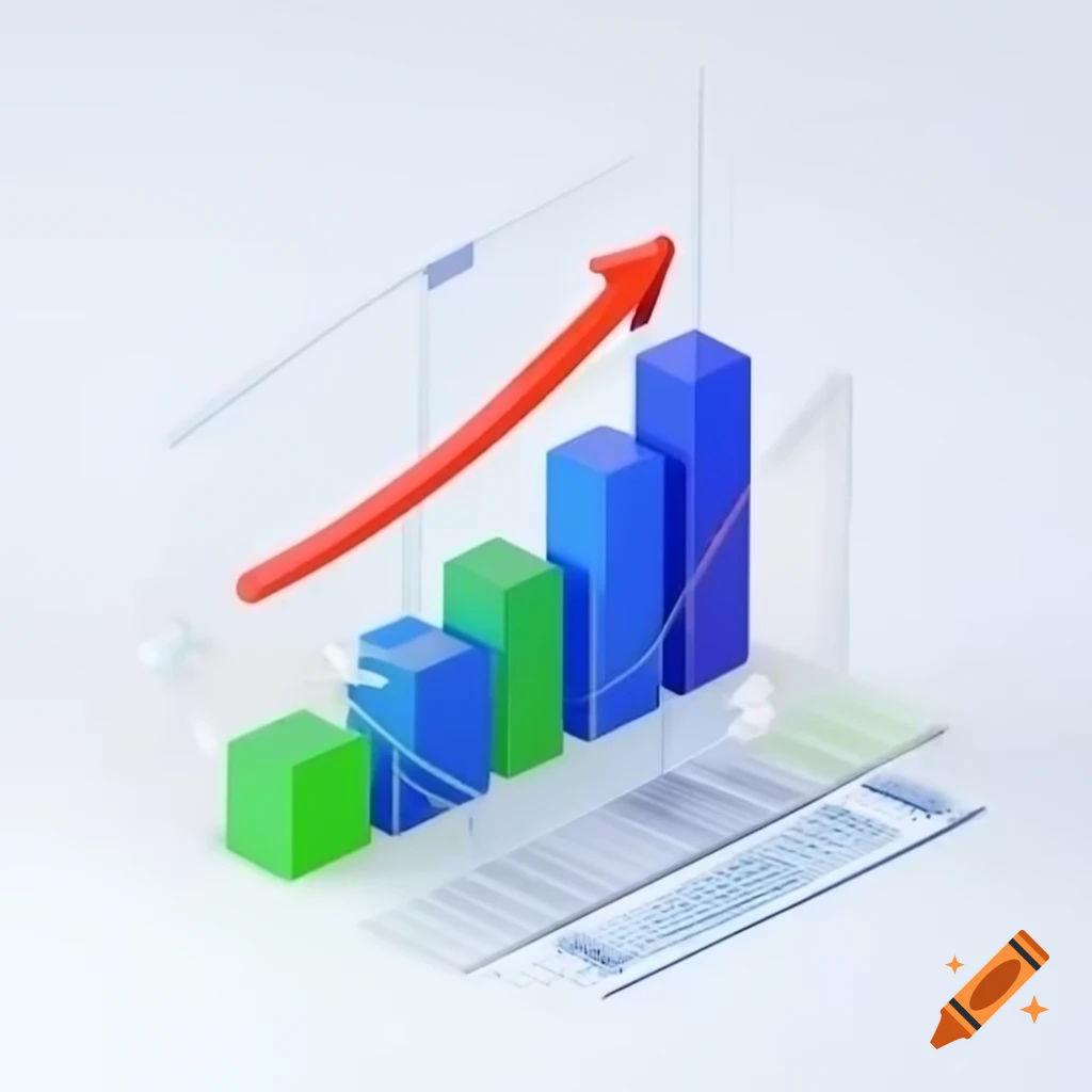3D graph illustrating revenue growth over time with blue and green bars