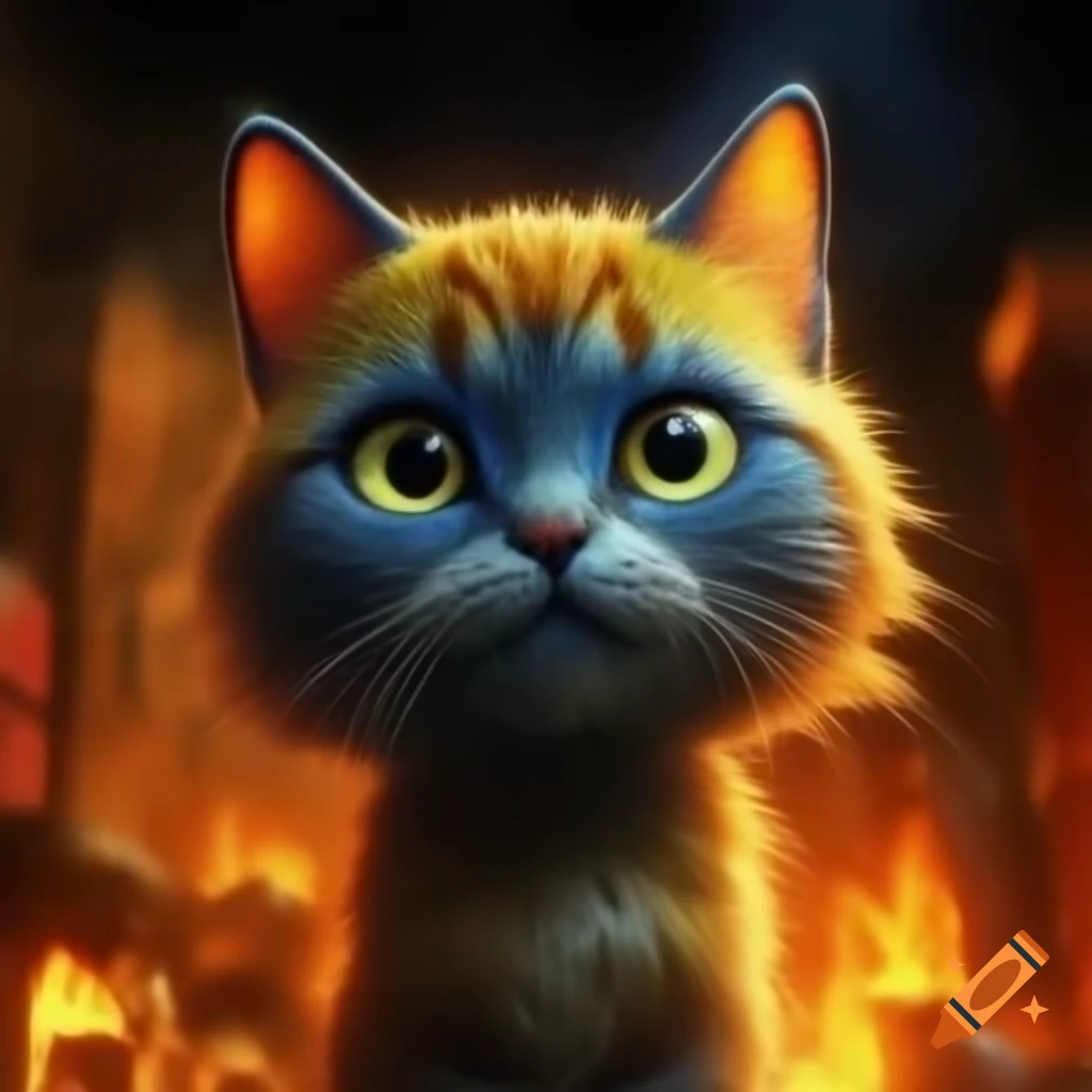 Cartoon cat with blue and yellow fur in front of burning city