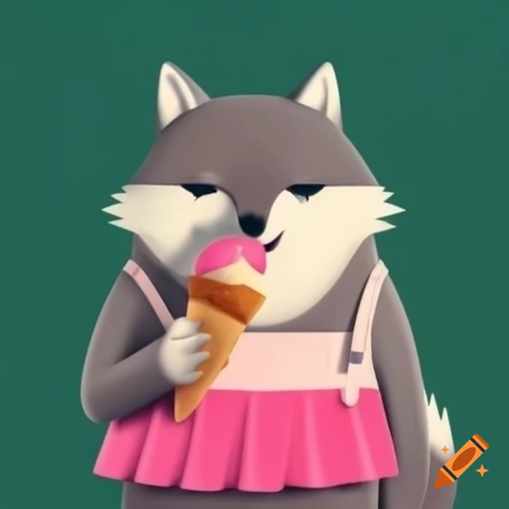 Wolf wearing pink skirt while enjoying ice cream