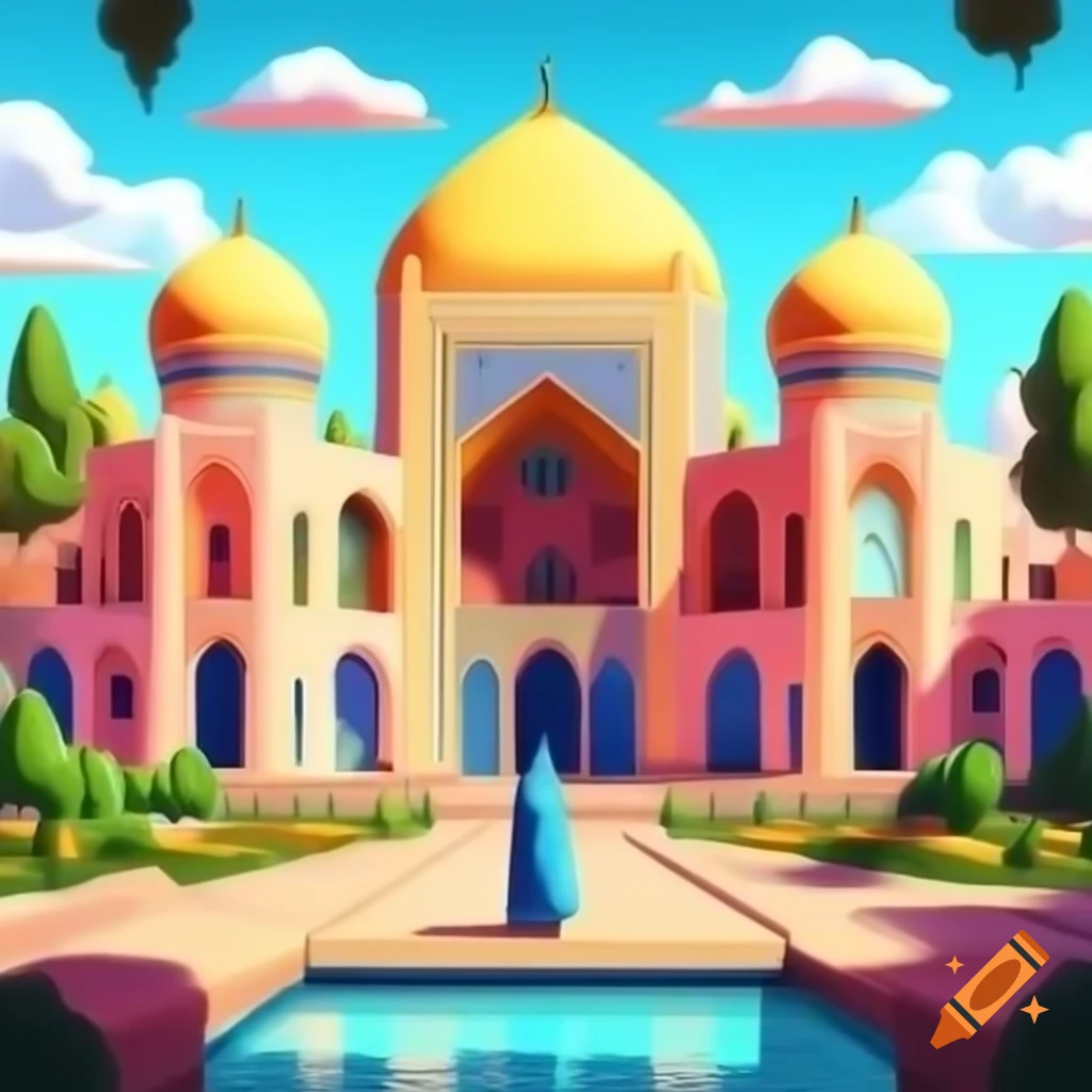 Colorful Persian arches and domes in watercolor with flower garden