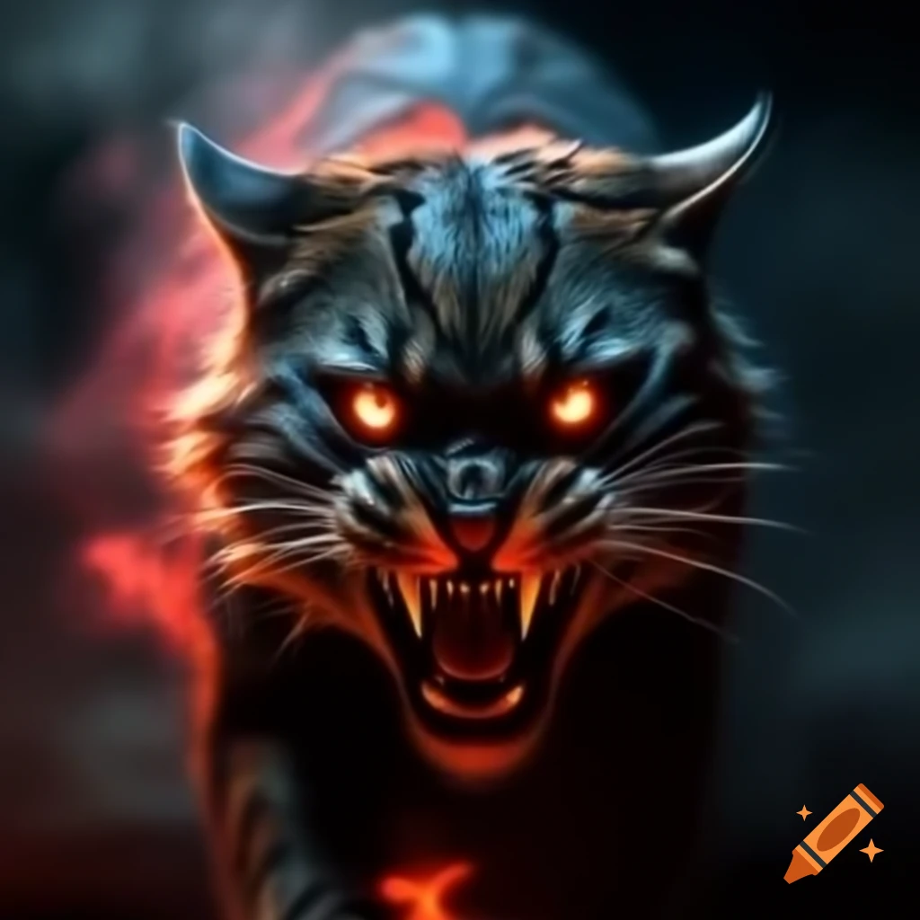 Feline shadow with glowing eyes emerging from crimson mist
