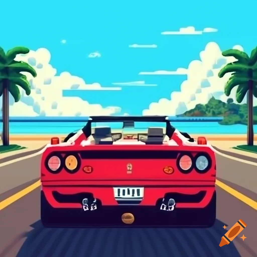 Pixelated 8bit image of Ferrari F40 convertible on road with palm trees and beach