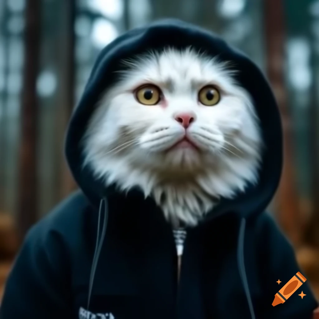White Norwegian forest cat wearing black hoodie