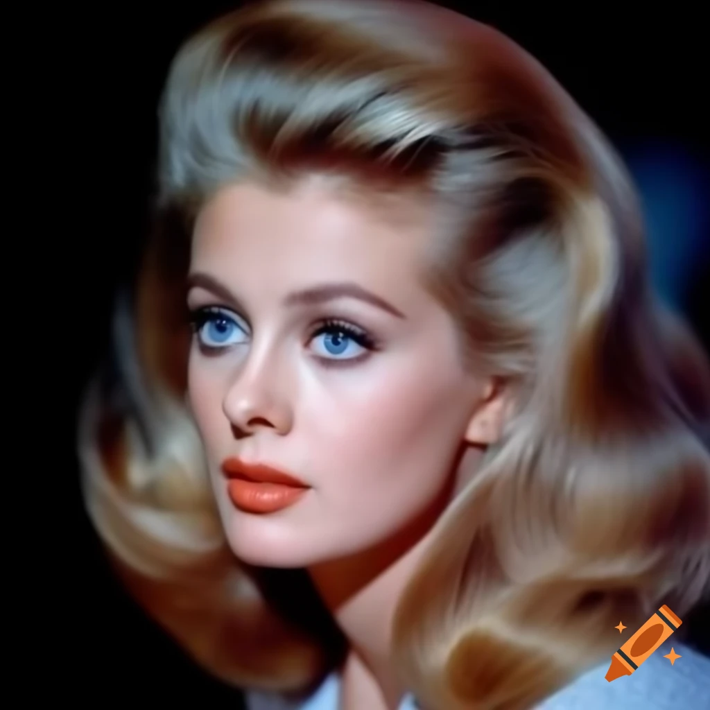 Hyper-realistic photograph of charming European actress from 1963 with porcelain skin and blue eyes