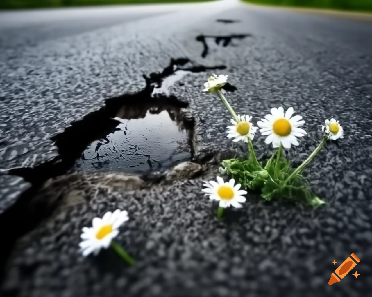 Close-up of daisies growing from cracked asphalt in abandoned city street, high-detail painting