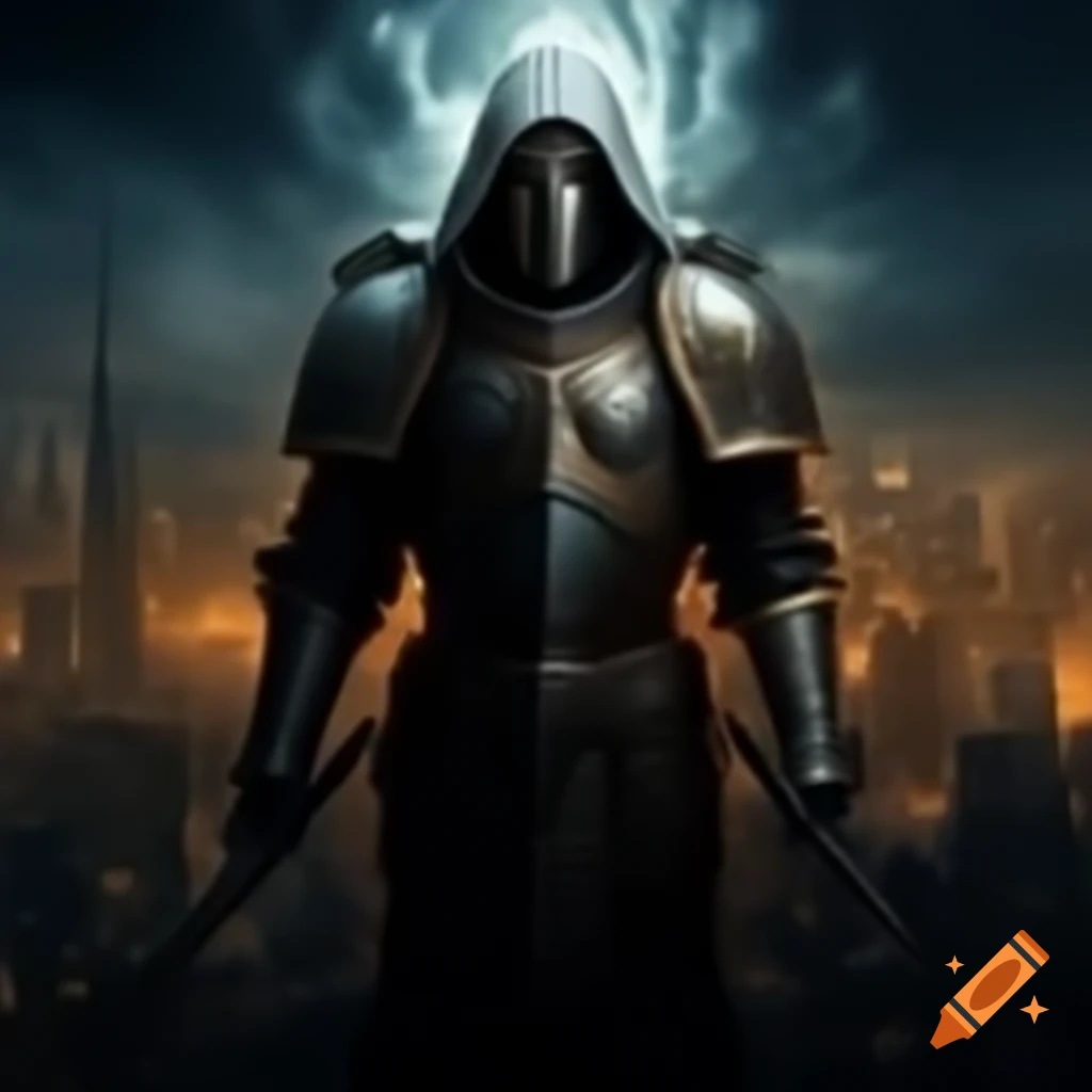 Spectral warrior in white armor silhouetted against cityscape