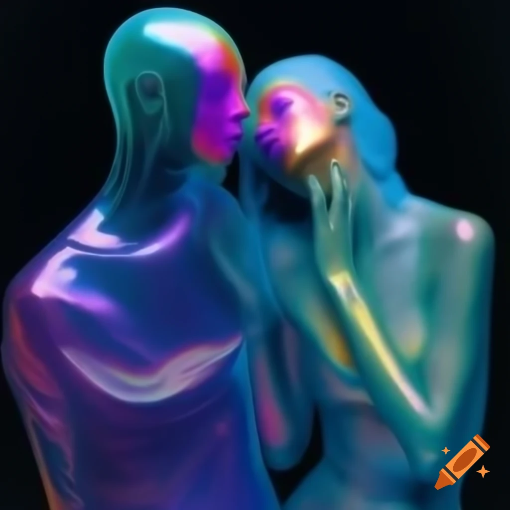 Psychedelic couple with iridescent glass statue in vibrant 2000's photography style