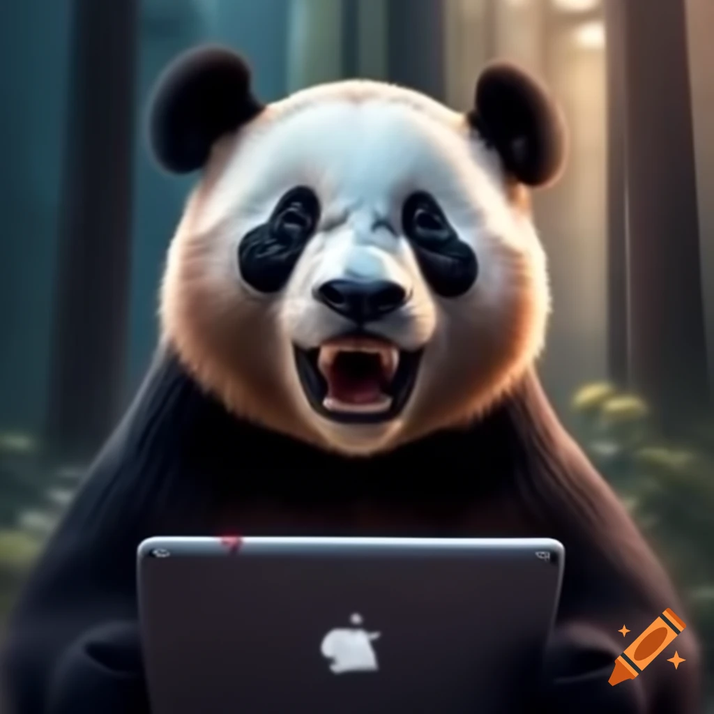 Angry panda breaking an iPad