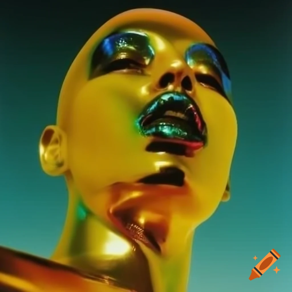 Iridescent yellow glass statue in pop surreal 2000's photography