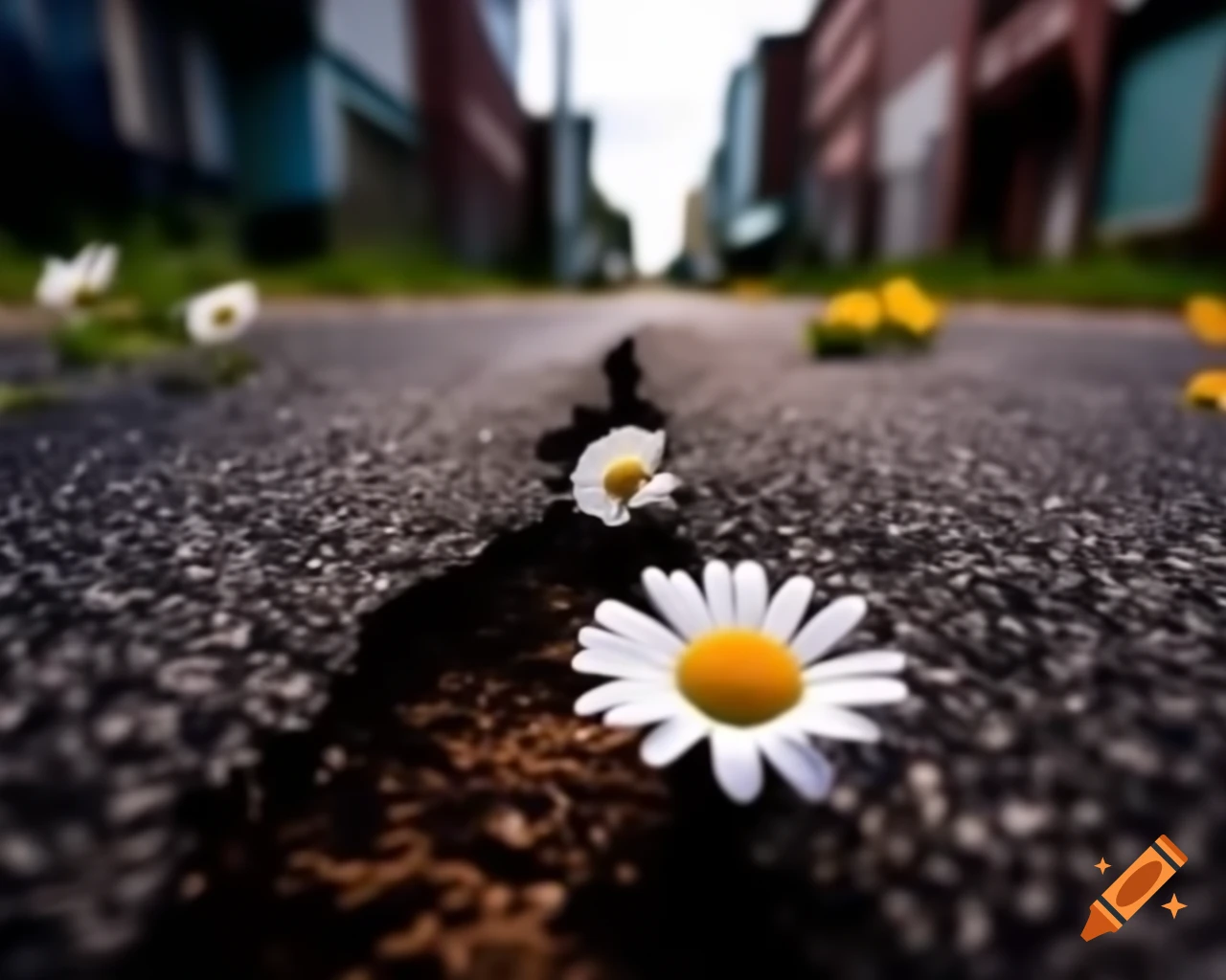 Close-up of daisies growing from cracked asphalt in abandoned city street, detailed painting