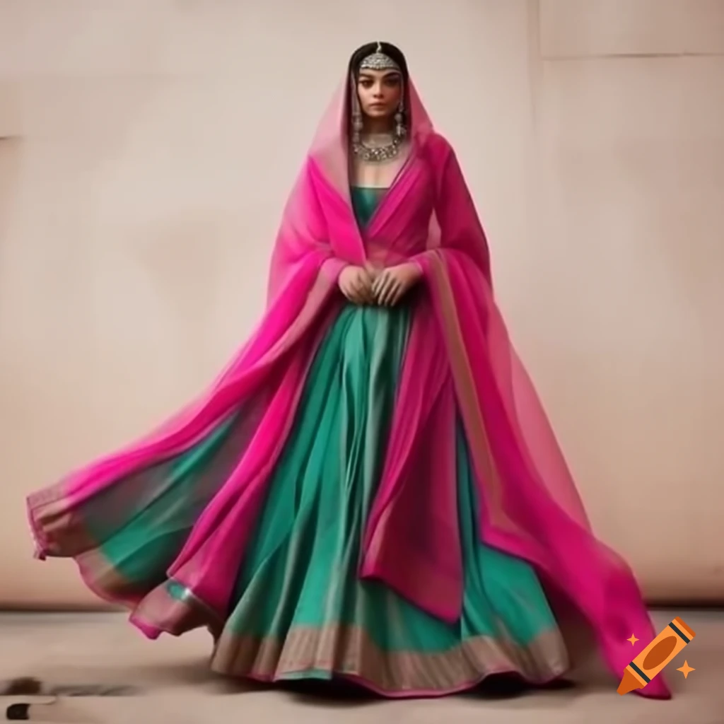 Emerald green and fuchsia pink ombre Indian bridal ghara with dupatta