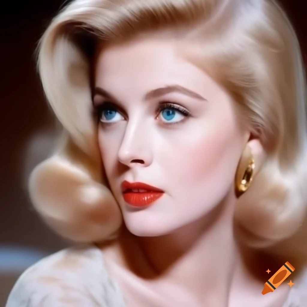 Hyper-realistic portrait of beautiful European actress from 1963 with porcelain skin and blue eyes
