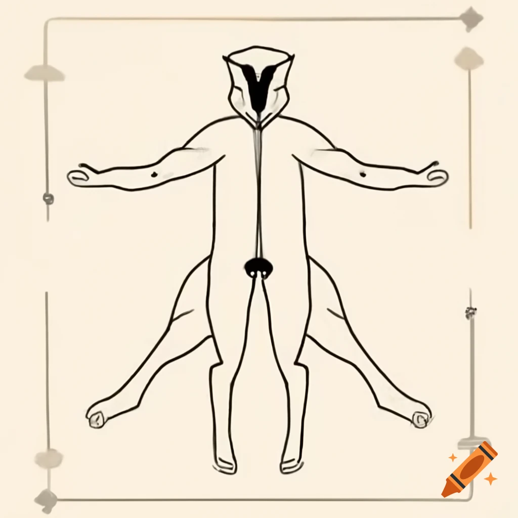 Minimalist line drawing of hairy humanoid with badger features, 'The Vitruvian BadgerMan' in brown ink