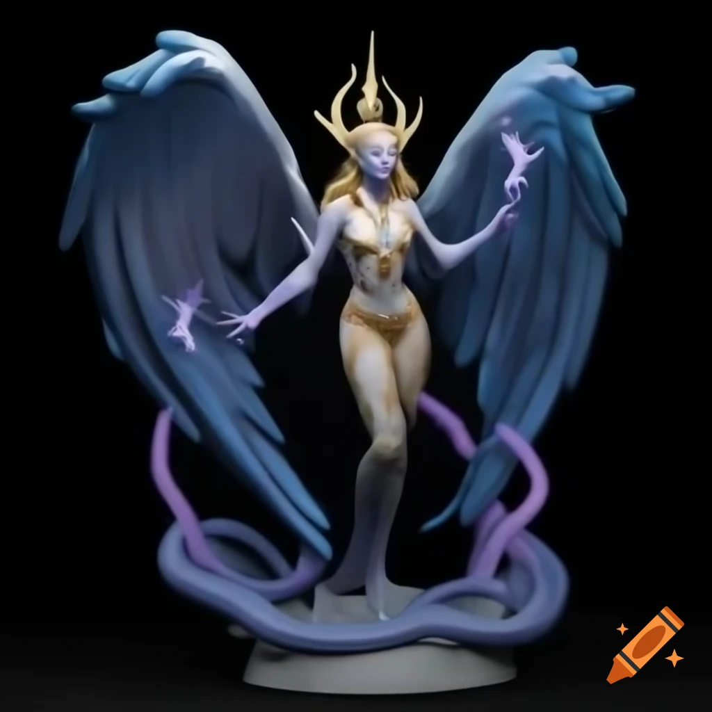 Tall figure with scaled indigo wings in shades of cerulean, violet, and quicksilver