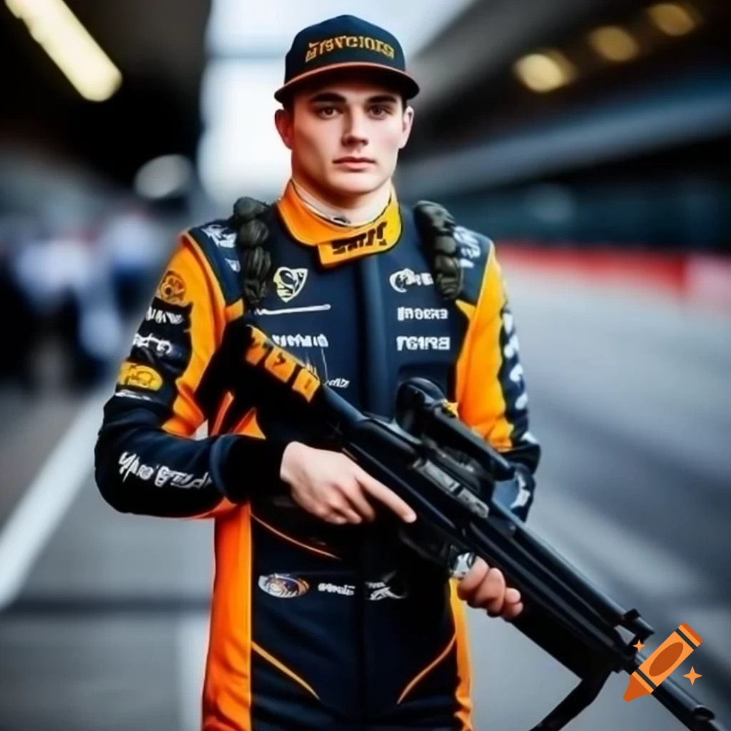 Oscar Piastri in McLaren racing suit holding a rifle