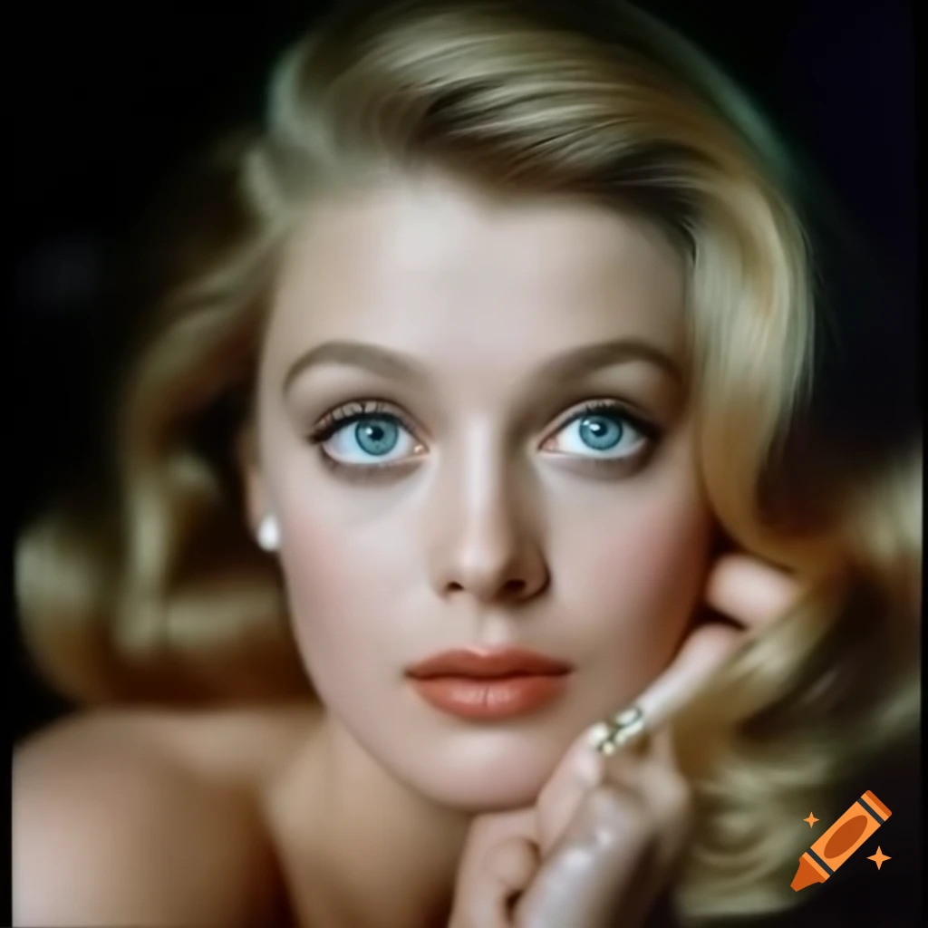 Portrait of a beautiful European actress from 1963 with porcelain skin and blue eyes