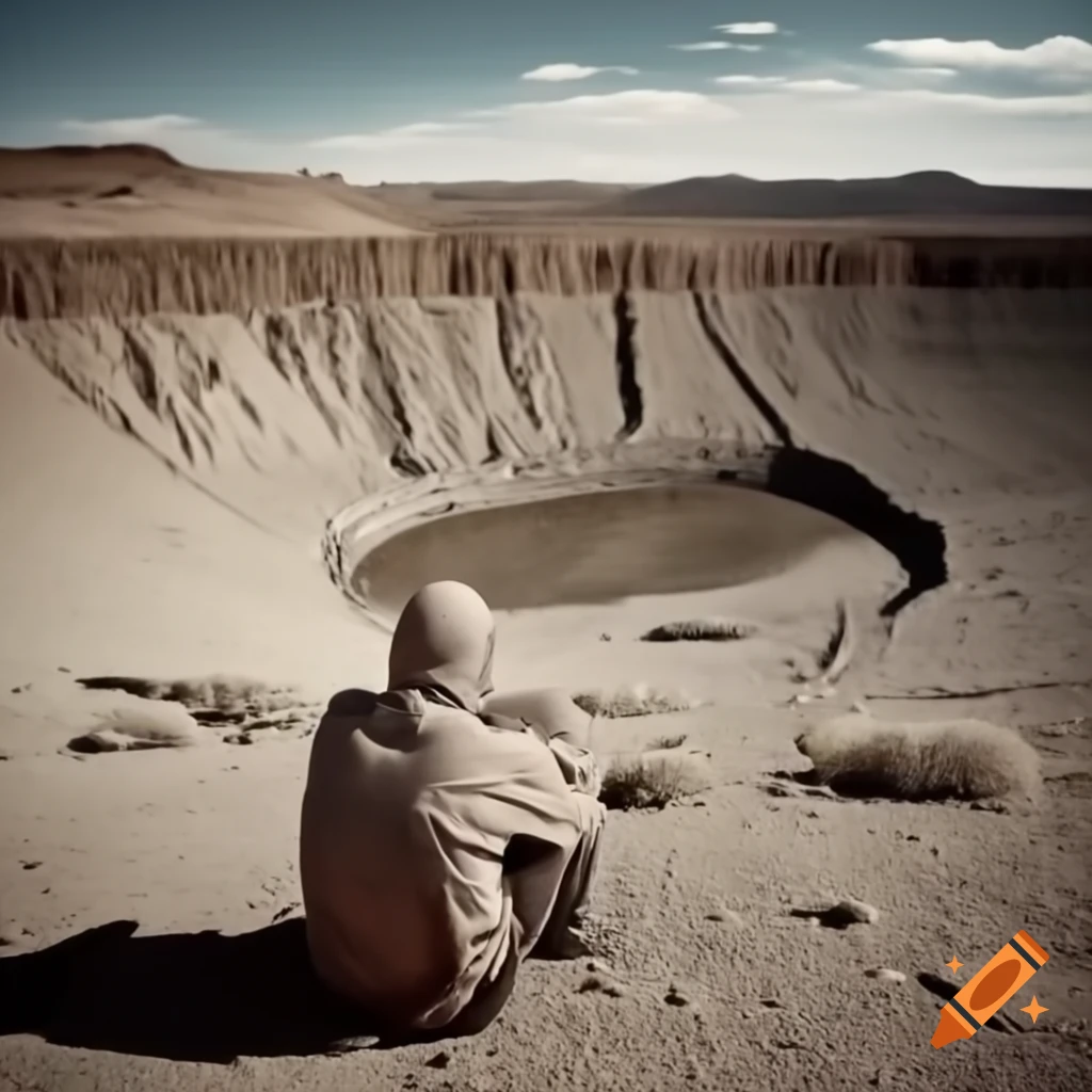 Prisoner sitting on cliff in desert, overlooking crater with ziggurat