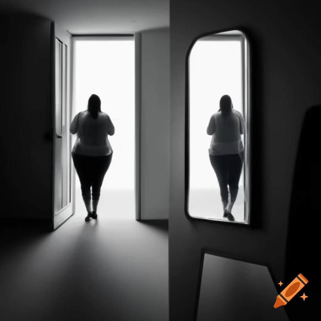 Woman walking down path with contrasting silhouettes and symbolic background of scales and healthy foods