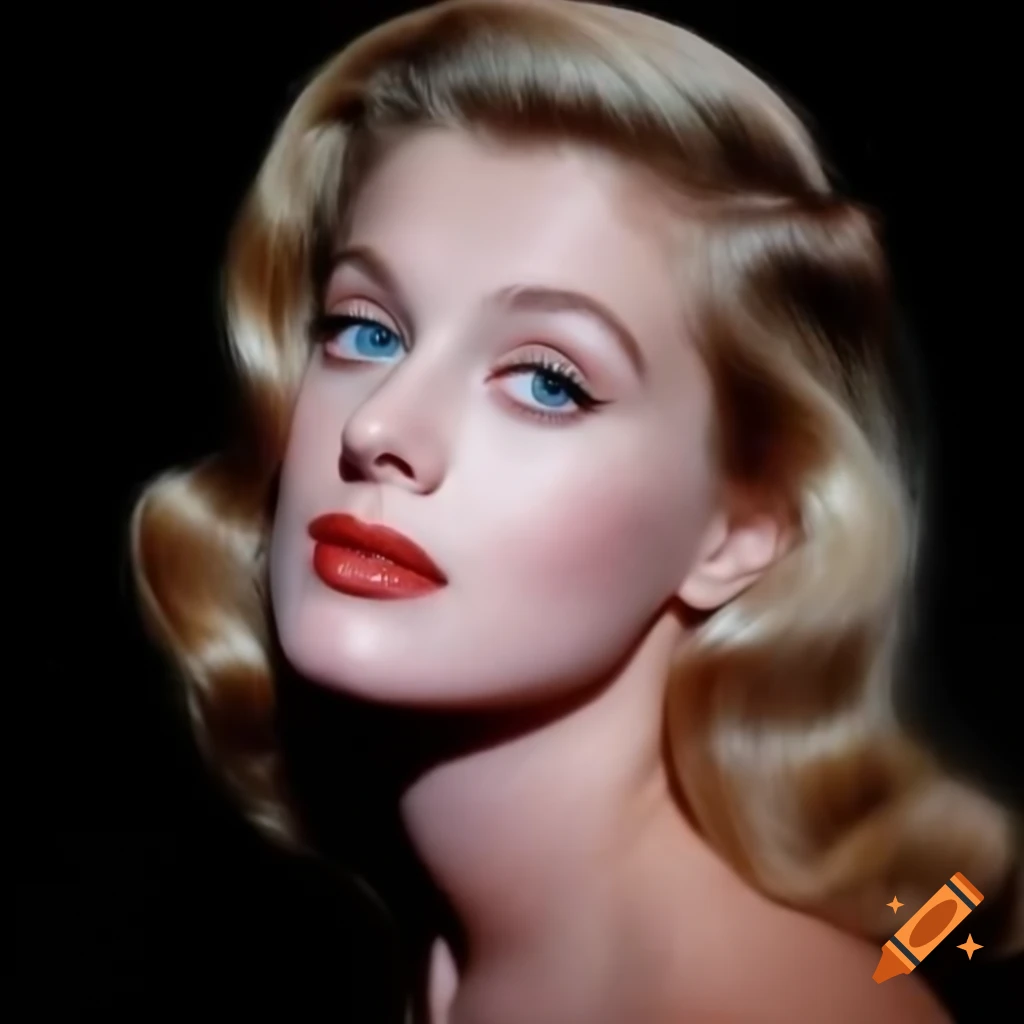 Hyper-realistic color photograph of a charming European actress from 1963 with porcelain skin and blue eyes