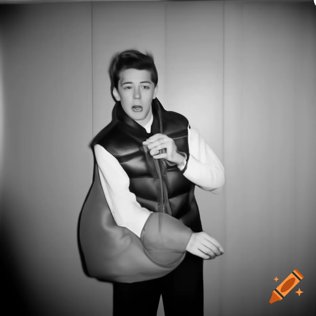 Man experiencing a playful wardrobe malfunction with deflating puffer vest