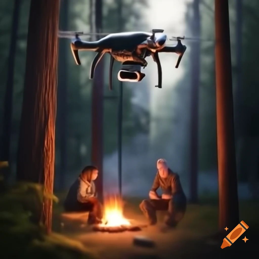 Drone flying into forest with couple sitting around campfire