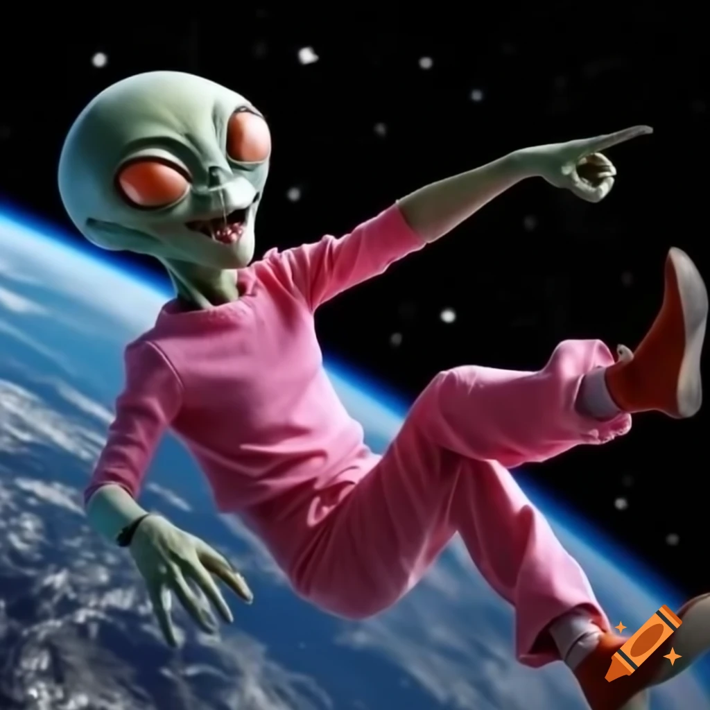 Alien in pink clothes floating above Earth, pointing to Europe