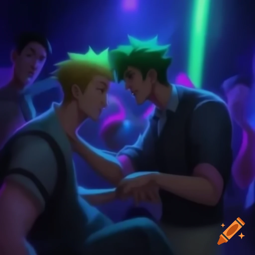 Two men dancing in neon night club, anime style