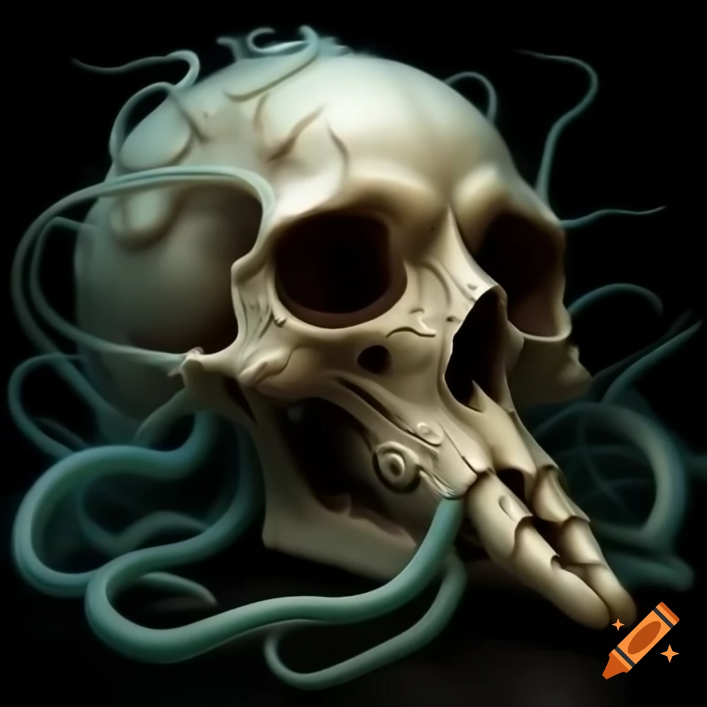 Skeletal creature combining shoebill bird skull and squid form with tentacles