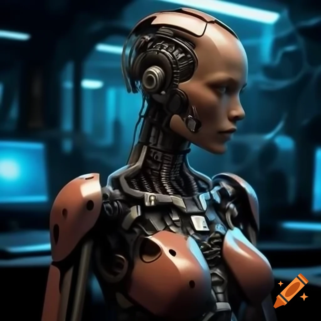 Female cyborg with human face and blue metal body in dark futuristic factory