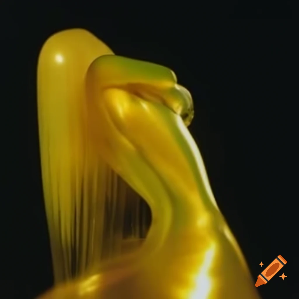 Iridescent yellow glass statue in pop surreal 2000's photography