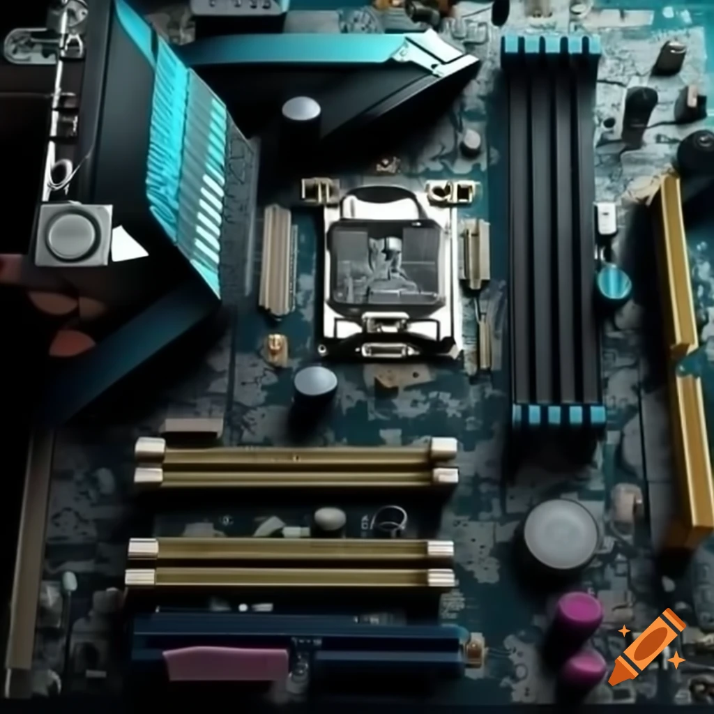 Close-up of a computer motherboard showing intricate circuit design