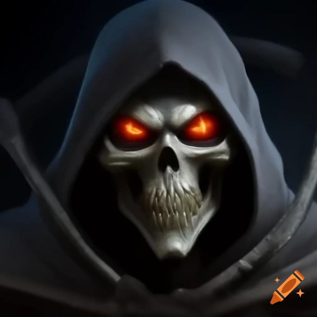 Renaissance style reaper with glowing shellfire eyes