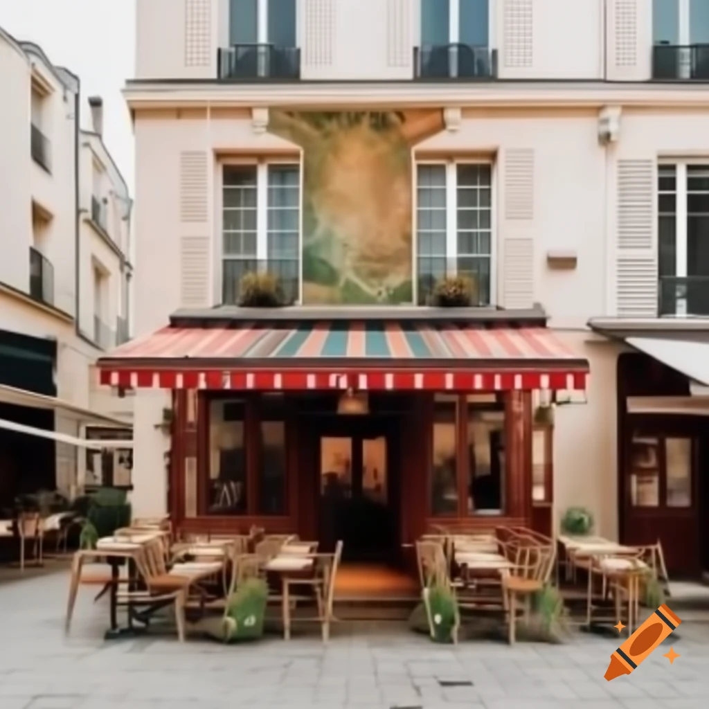 Charming cafe exterior with French architecture and potted plants