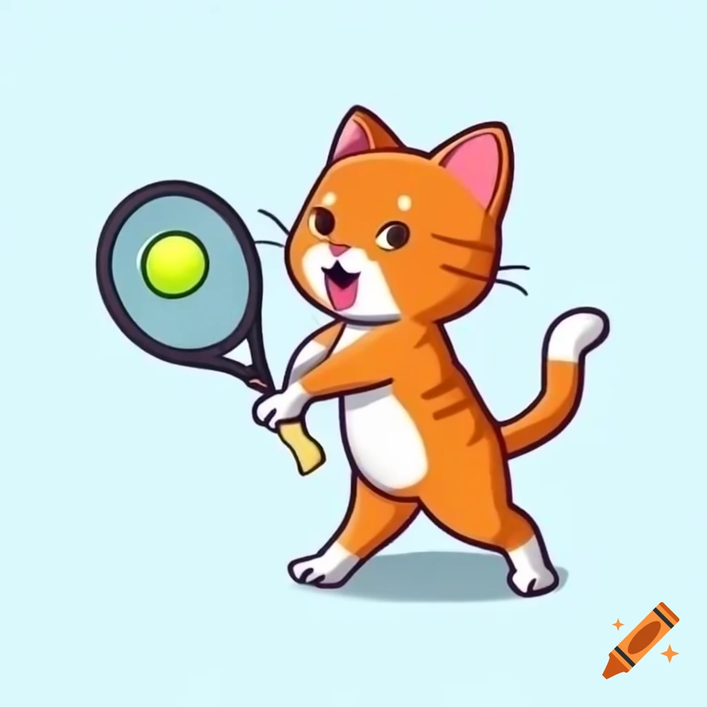 Ginger cat playing tennis in cartoon style with video game consoles