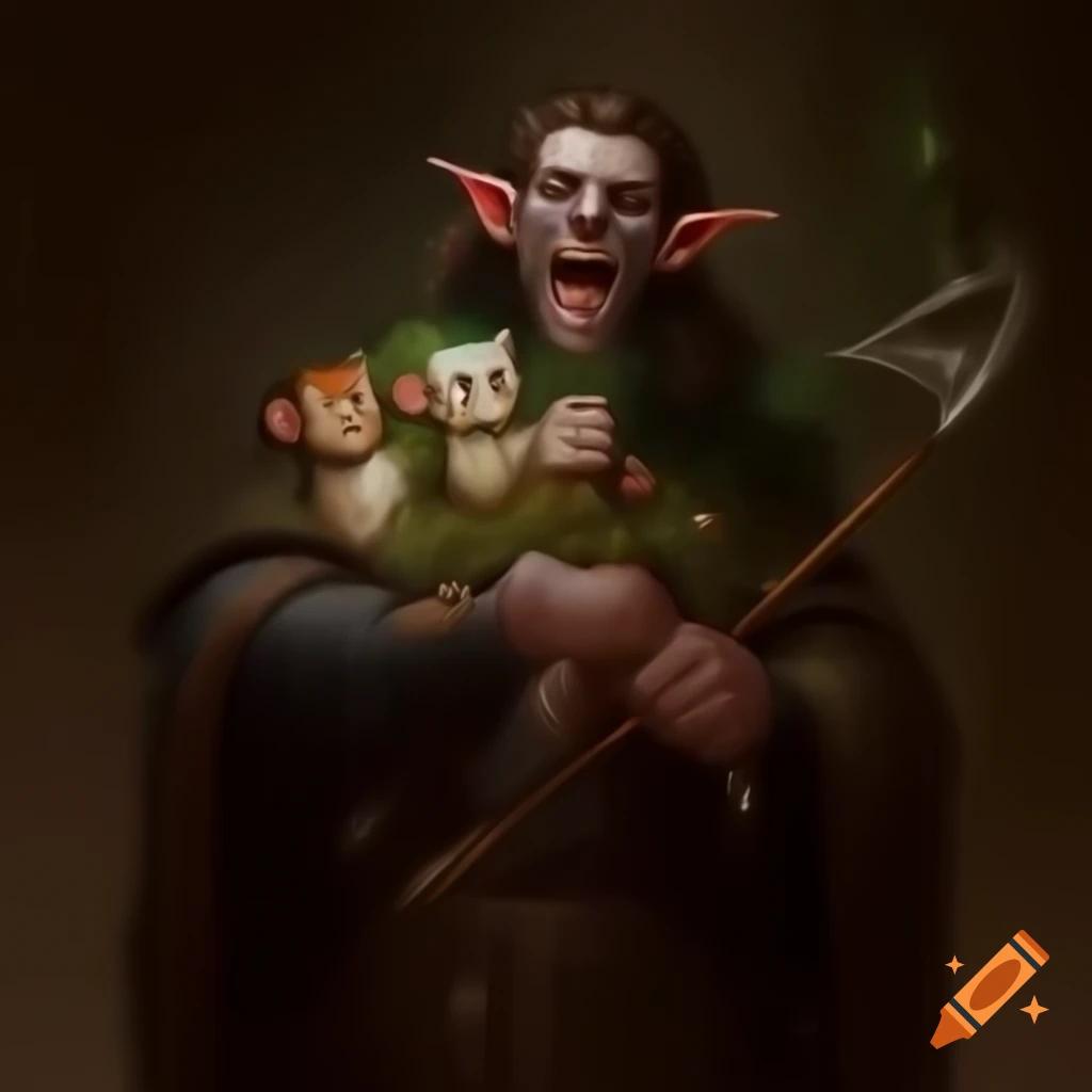 Fantasy painting of a tall, thin young elf witch with fetishes