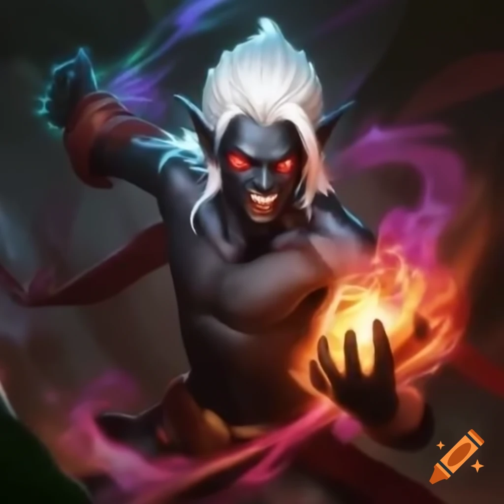 Drow elf with black skin and white hair using wild magic with colorful explosions