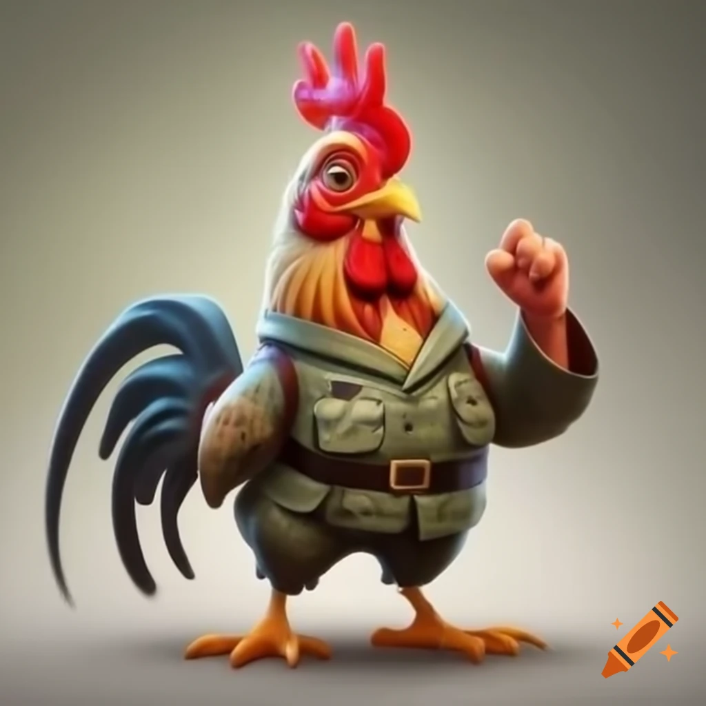 Colorful rooster in army outfit standing on hand