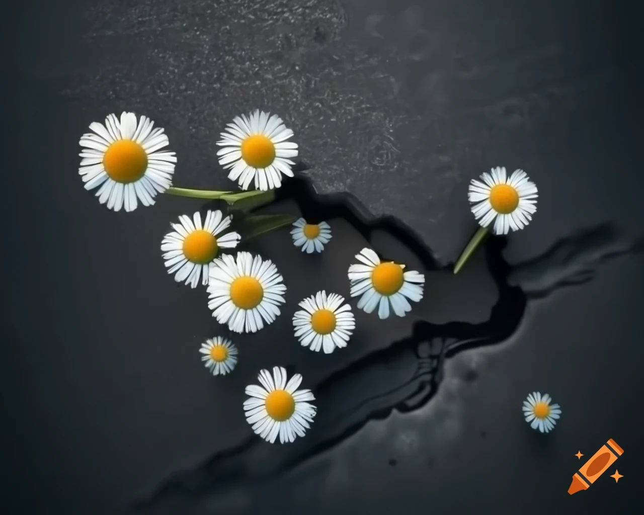 Daisies growing from cracked asphalt in abandoned city street, high detailed painting