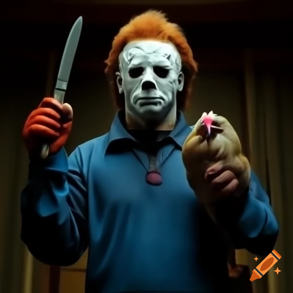 Chicken dressed as Michael Myers with hockey mask and knife