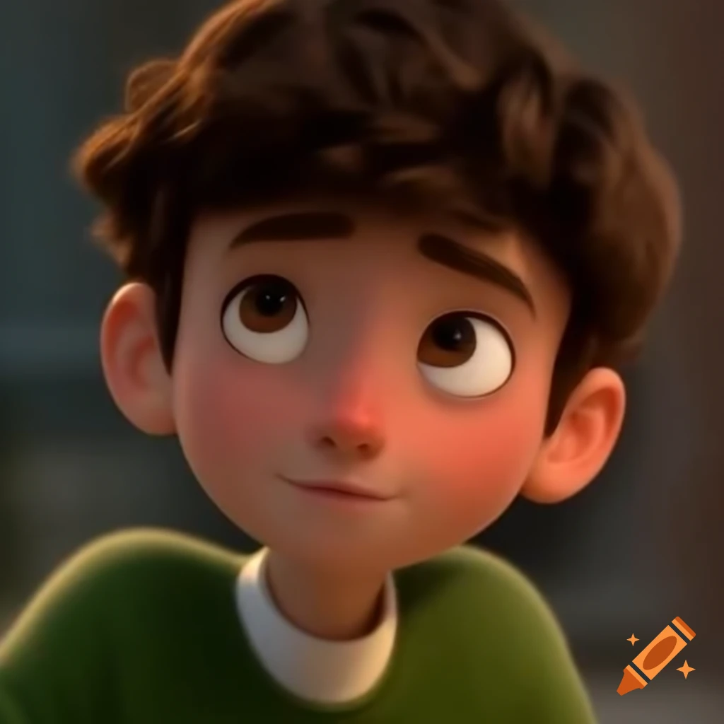 Boy with short brown hair and brown eyes wearing green sweater with white collar