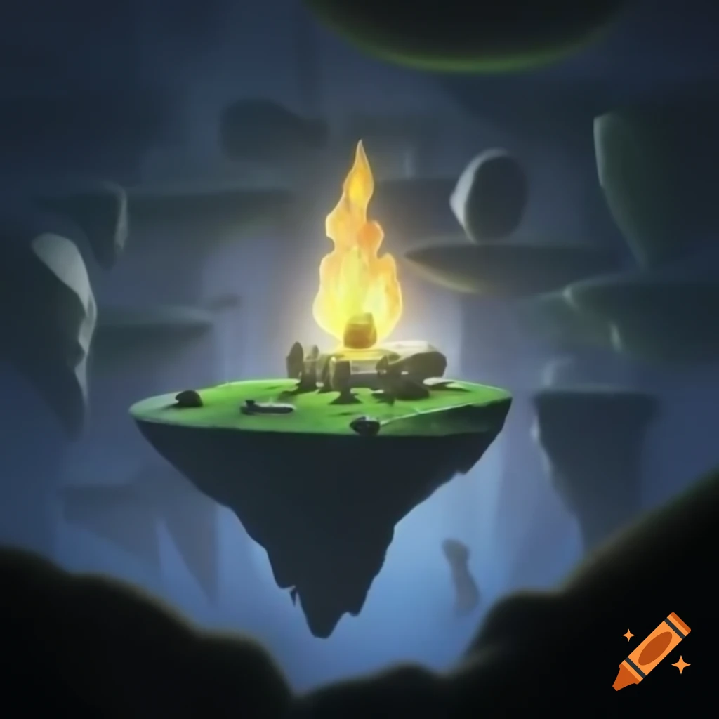 Flying island with cannons and reactor emitting yellow flame