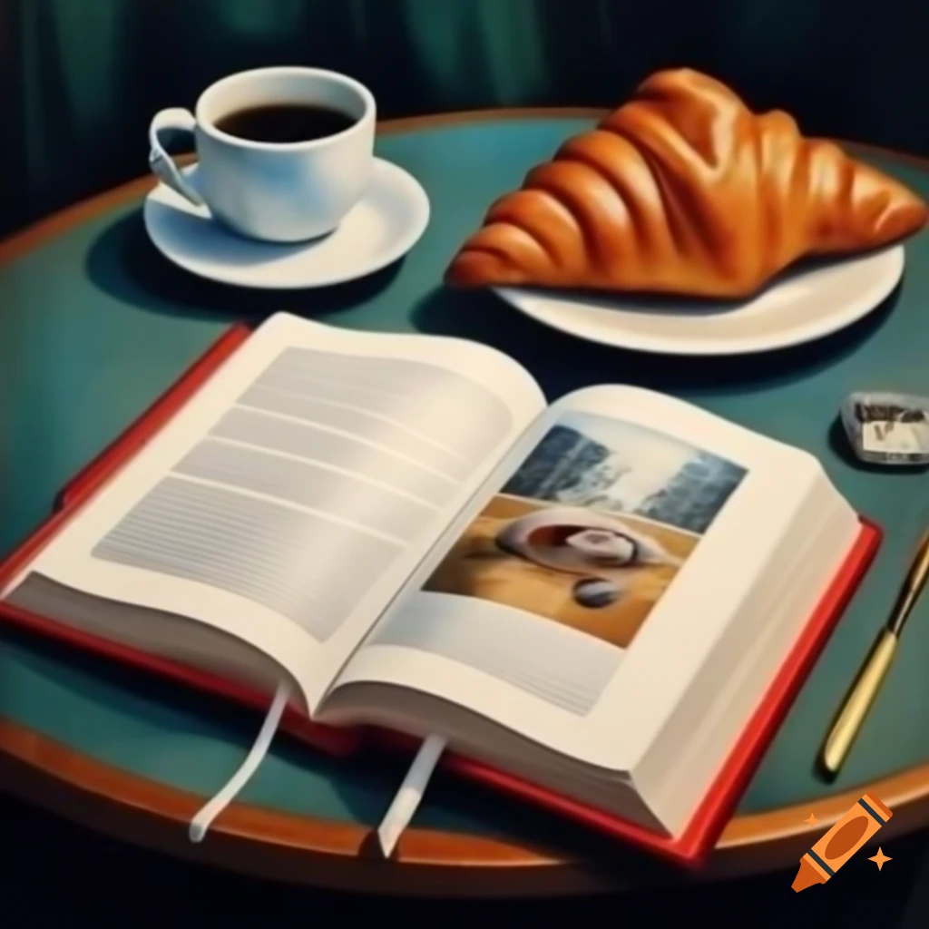 Open book on table with coffee and croissant in café, oil painting