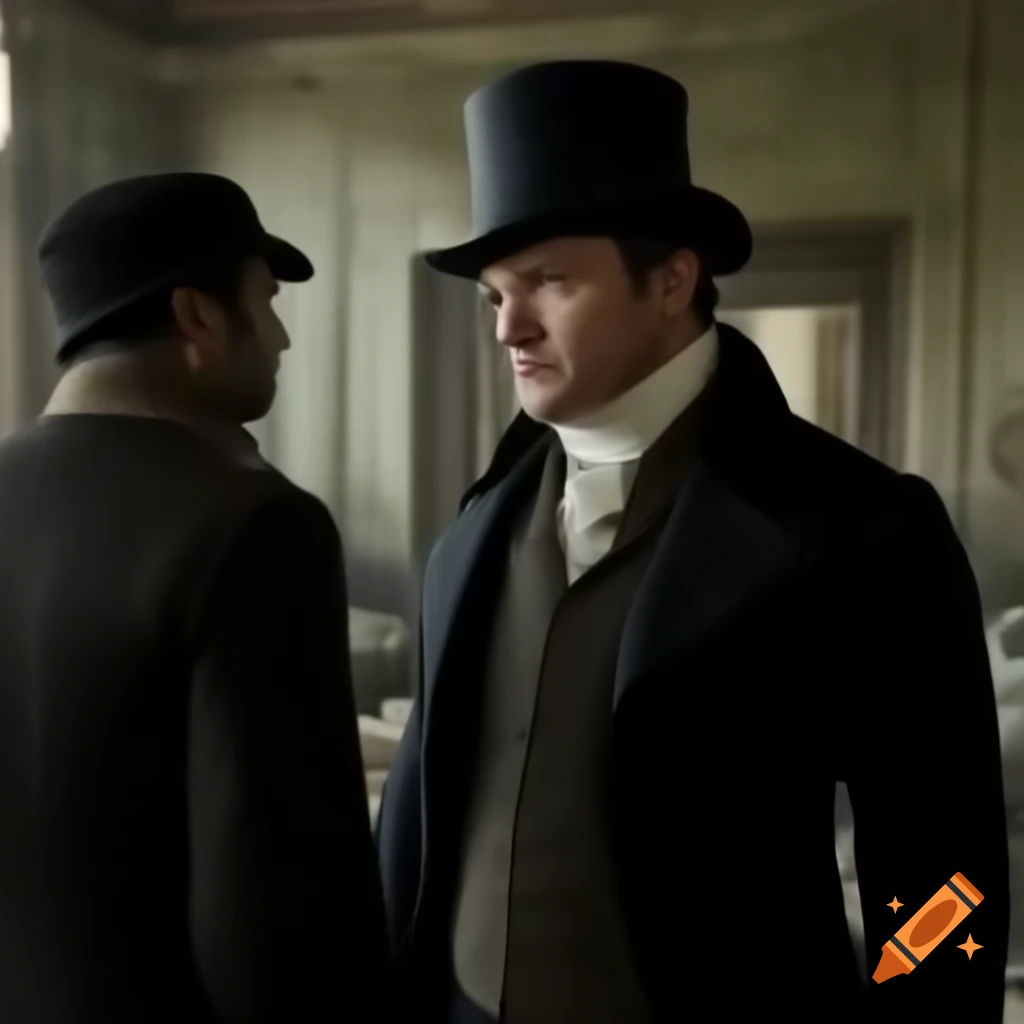 Man in 19th century attire conversing in abandoned hotel room