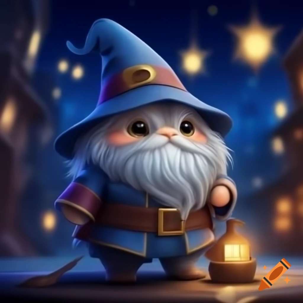 Cute wizard against a night city backdrop